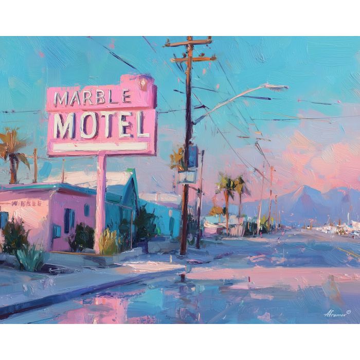 80s, an 80s-inspired scene featuring pink motel sign, a retro neon environment, pink motel sign, neon pink and teal with cobalt shadows, neon and nostalgic, foreground subject, impasto texture, textured strokes, atmospheric depth, oil painting, palette knife texture, impasto oil, thick paint, bold brushwork, soft glow, color contrast, layered depth, foreground focus, background gradient