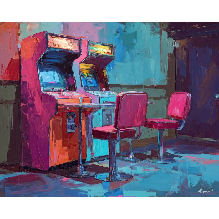 80s, an 80s-inspired scene featuring chrome arcade seat, a retro neon environment, chrome arcade seat, neon pink and teal with cobalt shadows, neon and nostalgic, foreground subject, impasto texture, textured strokes, atmospheric depth, oil painting, palette knife texture, impasto oil, thick paint, bold brushwork, soft glow, color contrast, layered depth, foreground focus, background gradient