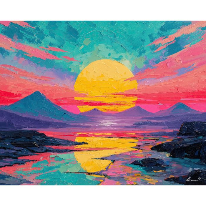 80s, an 80s-inspired scene featuring laser sunset, a retro neon environment, laser sunset, neon pink and teal with cobalt shadows, neon and nostalgic, foreground subject, impasto texture, textured strokes, atmospheric depth, oil painting, palette knife texture, impasto oil, thick paint, bold brushwork, soft glow, color contrast, layered depth, foreground focus, background gradient