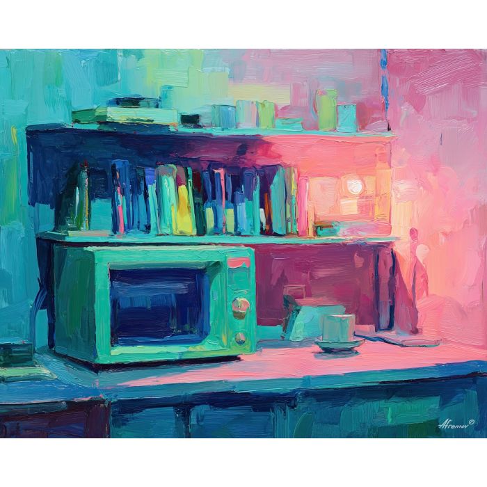80s, an 80s-inspired scene featuring vhs shelf, a retro neon environment, vhs shelf, neon pink and teal with cobalt shadows, neon and nostalgic, foreground subject, impasto texture, textured strokes, atmospheric depth, oil painting, palette knife texture, impasto oil, thick paint, bold brushwork, soft glow, color contrast, layered depth, foreground focus, background gradient