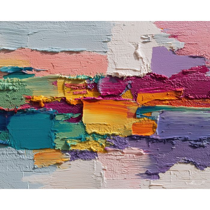 colorful abstract, a colorful abstract composition built around chromatic horizon band, an abstract studio-like picture plane, chromatic horizon band, magenta and teal with saturated rainbow accents, bold and modern, foreground subject, impasto texture, textured strokes, atmospheric depth, oil painting, palette knife texture, impasto oil, thick paint, bold brushwork, soft glow, color contrast, layered depth, foreground focus, background gradient