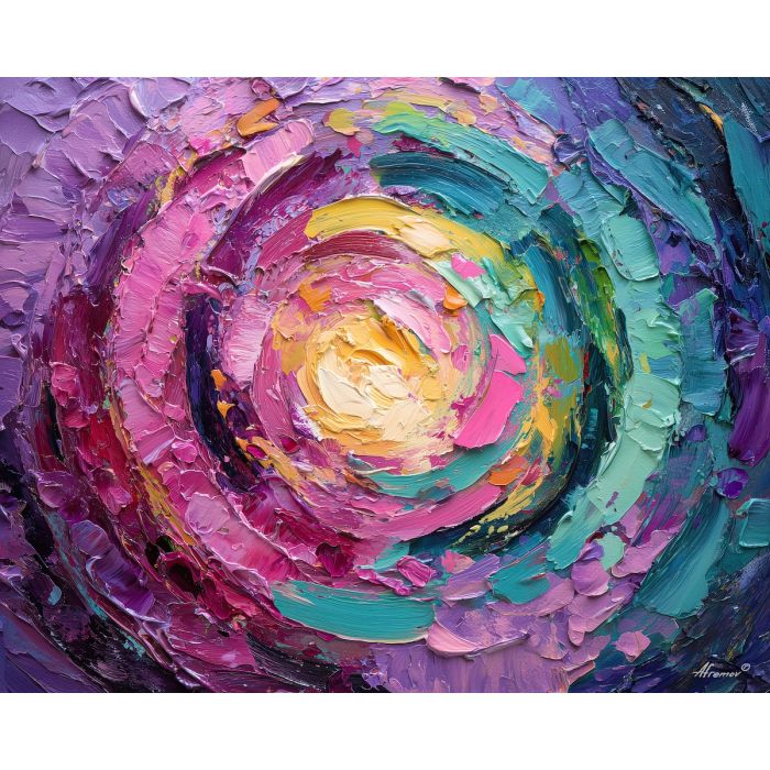 colorful abstract, a colorful abstract composition built around spiral burst panel, an abstract studio-like picture plane, spiral burst panel, magenta and teal with saturated rainbow accents, bold and modern, foreground subject, impasto texture, textured strokes, atmospheric depth, oil painting, palette knife texture, impasto oil, thick paint, bold brushwork, soft glow, color contrast, layered depth, foreground focus, background gradient