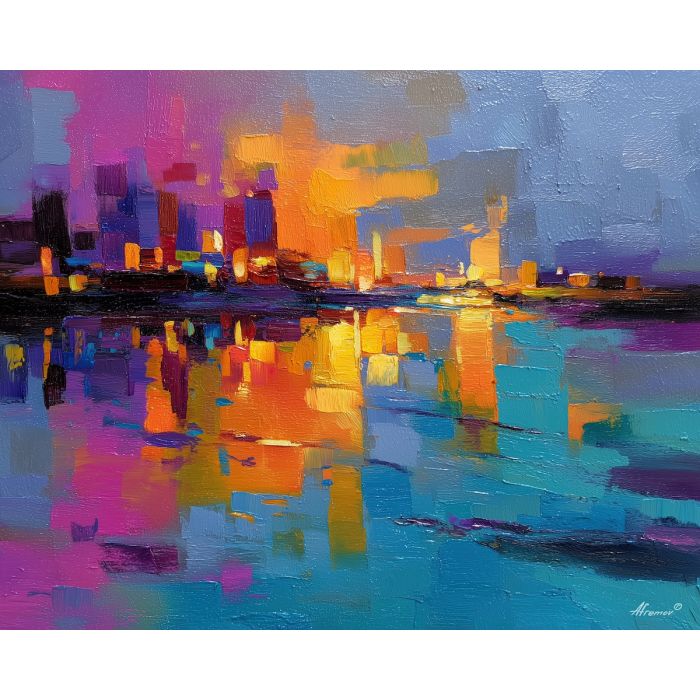 colorful abstract, a colorful abstract composition built around abstract skyline blur, an abstract studio-like picture plane, abstract skyline blur, magenta and teal with saturated rainbow accents, bold and modern, foreground subject, impasto texture, textured strokes, atmospheric depth, oil painting, palette knife texture, impasto oil, thick paint, bold brushwork, soft glow, color contrast, layered depth, foreground focus, background gradient