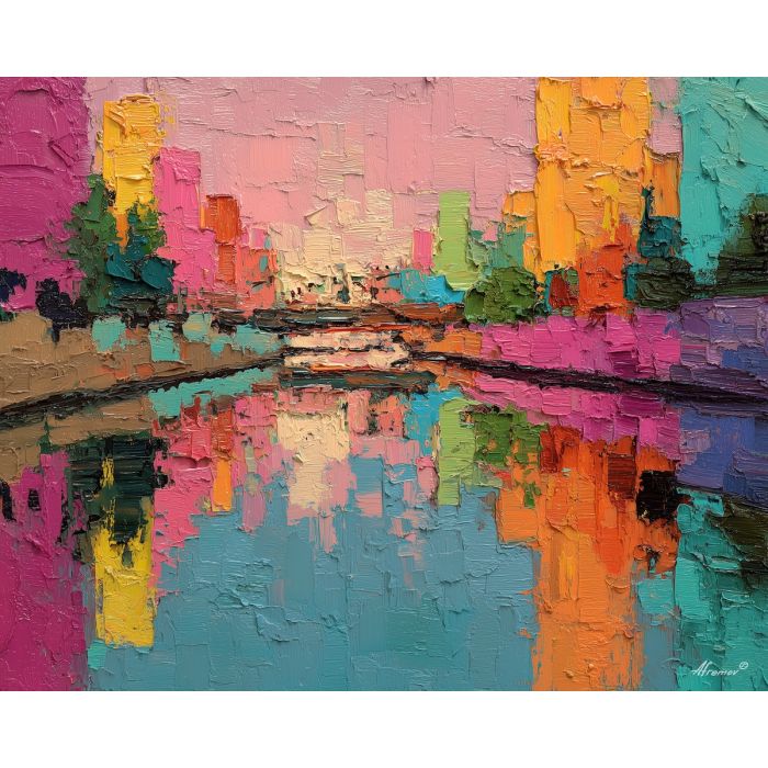 colorful abstract, a colorful abstract composition built around spectrum pool, an abstract studio-like picture plane, spectrum pool, magenta and teal with saturated rainbow accents, bold and modern, foreground subject, impasto texture, textured strokes, atmospheric depth, oil painting, palette knife texture, impasto oil, thick paint, bold brushwork, soft glow, color contrast, layered depth, foreground focus, background gradient