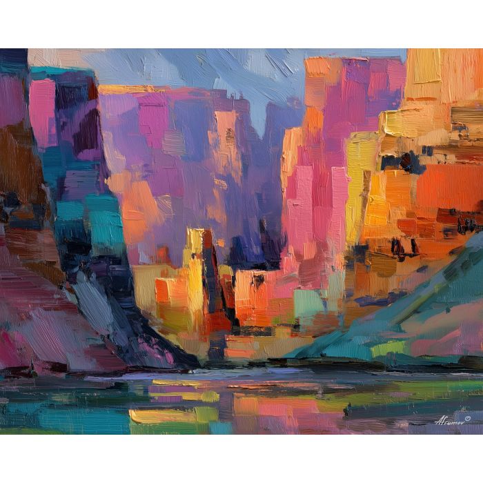 colorful abstract, a colorful abstract composition built around brushmark canyon, an abstract studio-like picture plane, brushmark canyon, magenta and teal with saturated rainbow accents, bold and modern, foreground subject, impasto texture, textured strokes, atmospheric depth, oil painting, palette knife texture, impasto oil, thick paint, bold brushwork, soft glow, color contrast, layered depth, foreground focus, background gradient