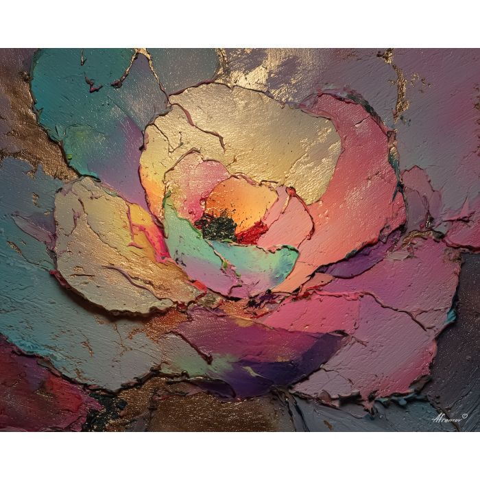 colorful abstract, a colorful abstract composition built around thick paint bloom, an abstract studio-like picture plane, thick paint bloom, magenta and teal with saturated rainbow accents, bold and modern, foreground subject, impasto texture, textured strokes, atmospheric depth, oil painting, palette knife texture, impasto oil, thick paint, bold brushwork, soft glow, color contrast, layered depth, foreground focus, background gradient