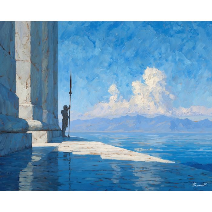 athena, an Athena-inspired mythic scene with spear by marble wall, an ancient Greek-inspired setting, spear by marble wall, marble ivory and bronze with cobalt dusk, mythic and luminous, foreground subject, impasto texture, textured strokes, atmospheric depth, oil painting, palette knife texture, impasto oil, thick paint, bold brushwork, soft glow, color contrast, layered depth, foreground focus, background gradient