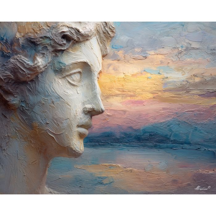 athena, an Athena-inspired mythic scene with ivory bust profile, an ancient Greek-inspired setting, ivory bust profile, marble ivory and bronze with cobalt dusk, mythic and luminous, foreground subject, impasto texture, textured strokes, atmospheric depth, oil painting, palette knife texture, impasto oil, thick paint, bold brushwork, soft glow, color contrast, layered depth, foreground focus, background gradient
