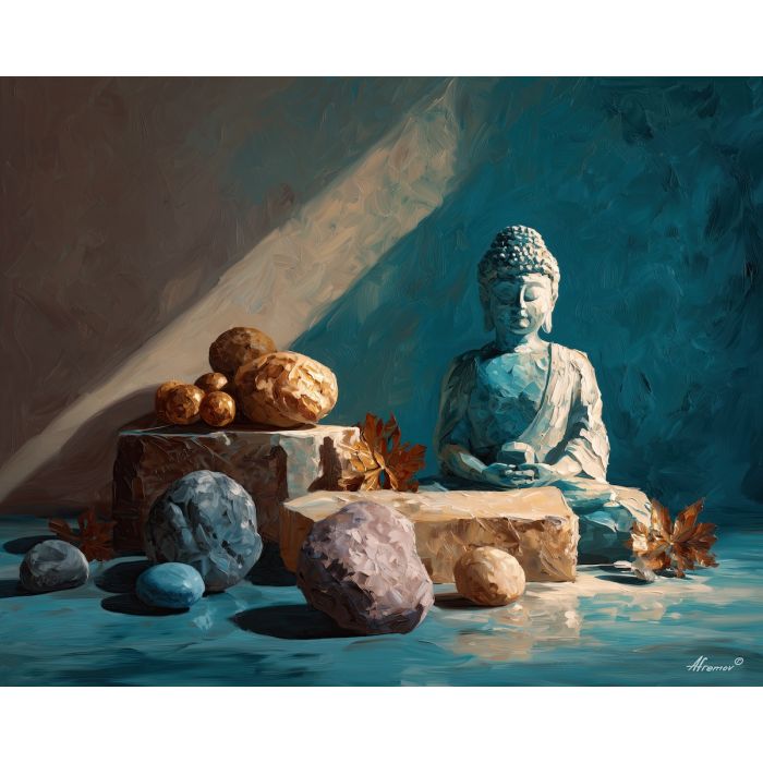 buddha, a Buddha-inspired spiritual scene with river stone serenity, a temple or contemplative setting, river stone serenity, warm gold and earth clay with deep teal shadows, serene and contemplative, foreground subject, impasto texture, textured strokes, atmospheric depth, oil painting, palette knife texture, impasto oil, thick paint, bold brushwork, soft glow, color contrast, layered depth, foreground focus, background gradient
