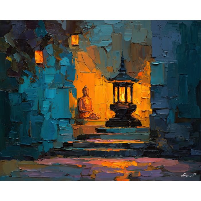 buddha, a Buddha-inspired spiritual scene with lantern meditation hall, a temple or contemplative setting, lantern meditation hall, warm gold and earth clay with deep teal shadows, serene and contemplative, foreground subject, impasto texture, textured strokes, atmospheric depth, oil painting, palette knife texture, impasto oil, thick paint, bold brushwork, soft glow, color contrast, layered depth, foreground focus, background gradient