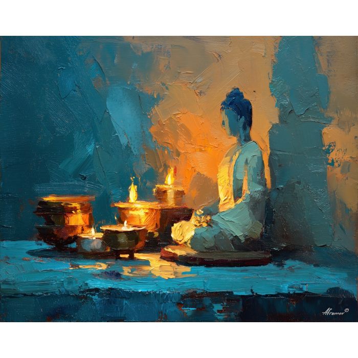 buddha, a Buddha-inspired spiritual scene with incense prayer light, a temple or contemplative setting, incense prayer light, warm gold and earth clay with deep teal shadows, serene and contemplative, foreground subject, impasto texture, textured strokes, atmospheric depth, oil painting, palette knife texture, impasto oil, thick paint, bold brushwork, soft glow, color contrast, layered depth, foreground focus, background gradient