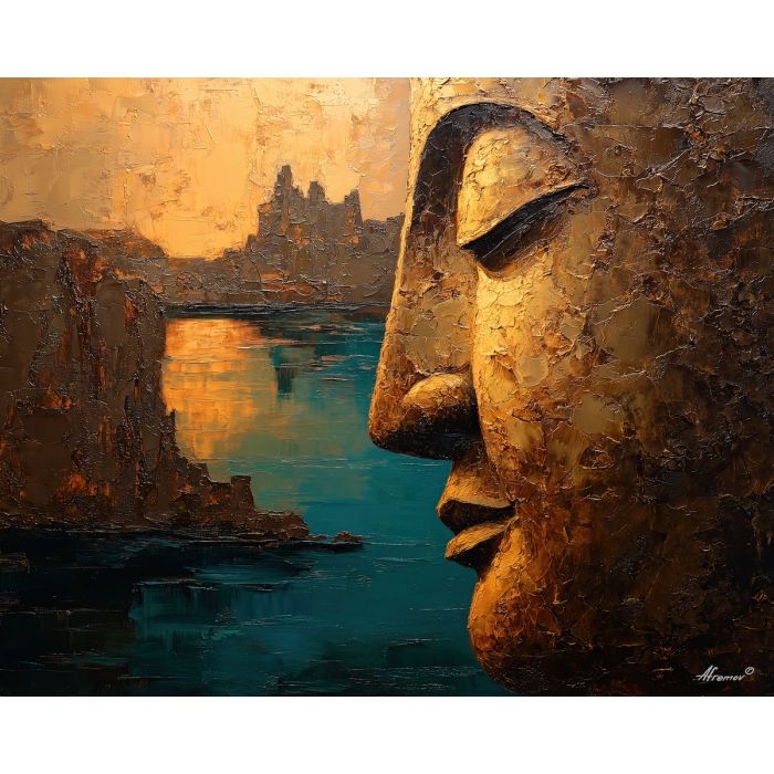 buddha, a Buddha-inspired spiritual scene with bronze head profile, a temple or contemplative setting, bronze head profile, warm gold and earth clay with deep teal shadows, serene and contemplative, foreground subject, impasto texture, textured strokes, atmospheric depth, oil painting, palette knife texture, impasto oil, thick paint, bold brushwork, soft glow, color contrast, layered depth, foreground focus, background gradient