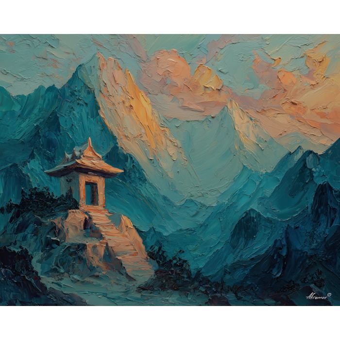 buddha, a Buddha-inspired spiritual scene with mountain shrine stillness, a temple or contemplative setting, mountain shrine stillness, warm gold and earth clay with deep teal shadows, serene and contemplative, foreground subject, impasto texture, textured strokes, atmospheric depth, oil painting, palette knife texture, impasto oil, thick paint, bold brushwork, soft glow, color contrast, layered depth, foreground focus, background gradient