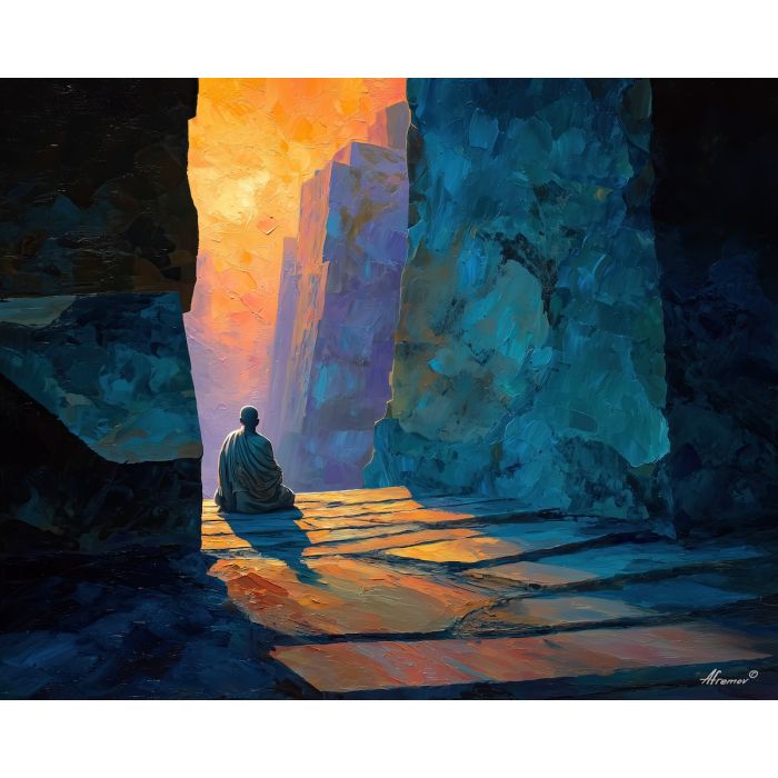 buddha, a Buddha-inspired spiritual scene with monk path glow, a temple or contemplative setting, monk path glow, warm gold and earth clay with deep teal shadows, serene and contemplative, foreground subject, impasto texture, textured strokes, atmospheric depth, oil painting, palette knife texture, impasto oil, thick paint, bold brushwork, soft glow, color contrast, layered depth, foreground focus, background gradient