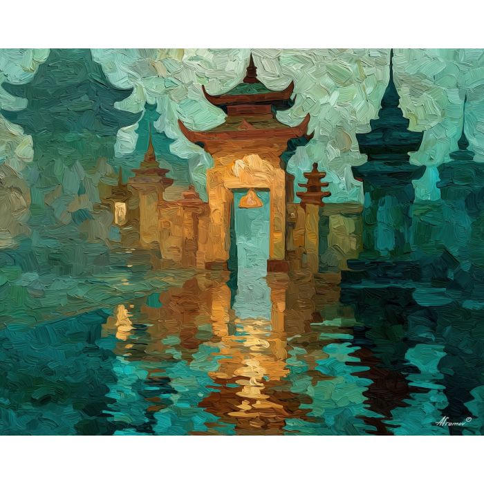buddha, a Buddha-inspired spiritual scene with rain temple gate, a temple or contemplative setting, rain temple gate, warm gold and earth clay with deep teal shadows, serene and contemplative, foreground subject, impasto texture, textured strokes, atmospheric depth, oil painting, palette knife texture, impasto oil, thick paint, bold brushwork, soft glow, color contrast, layered depth, foreground focus, background gradient