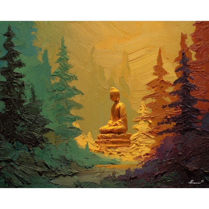 buddha, a Buddha-inspired spiritual scene with forest statue mist, a temple or contemplative setting, forest statue mist, warm gold and earth clay with deep teal shadows, serene and contemplative, foreground subject, impasto texture, textured strokes, atmospheric depth, oil painting, palette knife texture, impasto oil, thick paint, bold brushwork, soft glow, color contrast, layered depth, foreground focus, background gradient