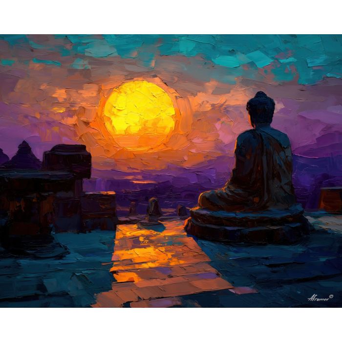 buddha, a Buddha-inspired spiritual scene with sunrise prayer room, a temple or contemplative setting, sunrise prayer room, warm gold and earth clay with deep teal shadows, serene and contemplative, foreground subject, impasto texture, textured strokes, atmospheric depth, oil painting, palette knife texture, impasto oil, thick paint, bold brushwork, soft glow, color contrast, layered depth, foreground focus, background gradient