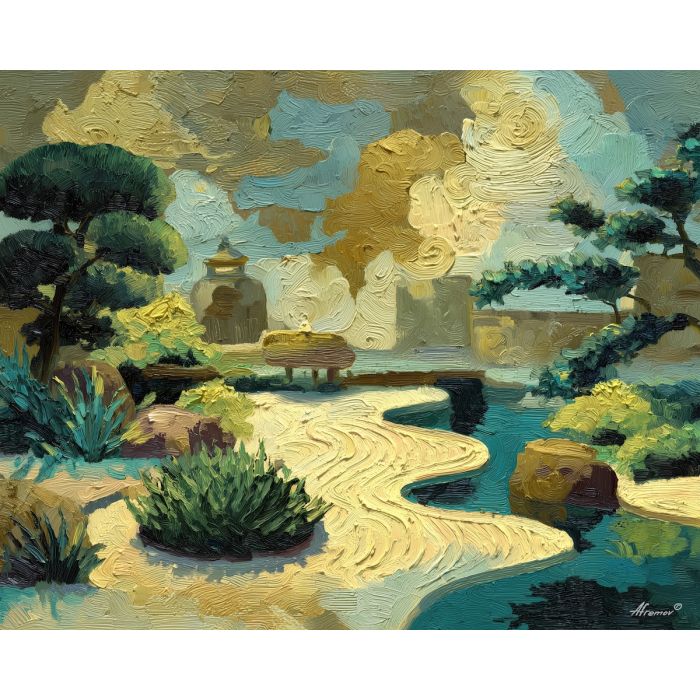 buddha, a Buddha-inspired spiritual scene with sand garden calm, a temple or contemplative setting, sand garden calm, warm gold and earth clay with deep teal shadows, serene and contemplative, foreground subject, impasto texture, textured strokes, atmospheric depth, oil painting, palette knife texture, impasto oil, thick paint, bold brushwork, soft glow, color contrast, layered depth, foreground focus, background gradient