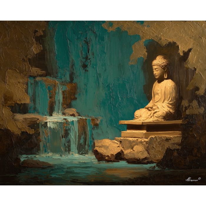 buddha, a Buddha-inspired spiritual scene with waterfall shrine, a temple or contemplative setting, waterfall shrine, warm gold and earth clay with deep teal shadows, serene and contemplative, foreground subject, impasto texture, textured strokes, atmospheric depth, oil painting, palette knife texture, impasto oil, thick paint, bold brushwork, soft glow, color contrast, layered depth, foreground focus, background gradient