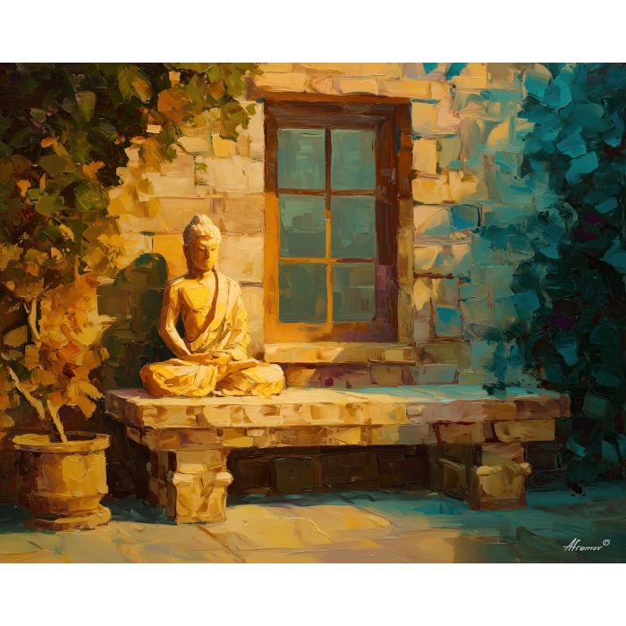 buddha, a Buddha-inspired spiritual scene with stone bench stillness, a temple or contemplative setting, stone bench stillness, warm gold and earth clay with deep teal shadows, serene and contemplative, foreground subject, impasto texture, textured strokes, atmospheric depth, oil painting, palette knife texture, impasto oil, thick paint, bold brushwork, soft glow, color contrast, layered depth, foreground focus, background gradient