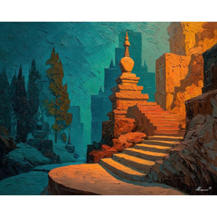 buddha, a Buddha-inspired spiritual scene with foggy temple stair, a temple or contemplative setting, foggy temple stair, warm gold and earth clay with deep teal shadows, serene and contemplative, foreground subject, impasto texture, textured strokes, atmospheric depth, oil painting, palette knife texture, impasto oil, thick paint, bold brushwork, soft glow, color contrast, layered depth, foreground focus, background gradient