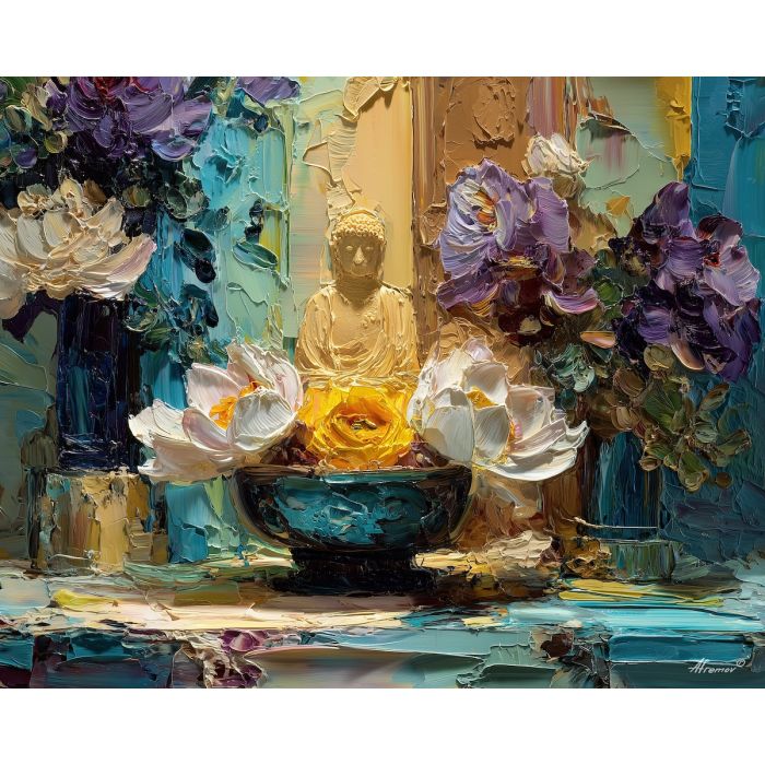 buddha, a Buddha-inspired spiritual scene with altar flower bowl, a temple or contemplative setting, altar flower bowl, warm gold and earth clay with deep teal shadows, serene and contemplative, foreground subject, impasto texture, textured strokes, atmospheric depth, oil painting, palette knife texture, impasto oil, thick paint, bold brushwork, soft glow, color contrast, layered depth, foreground focus, background gradient