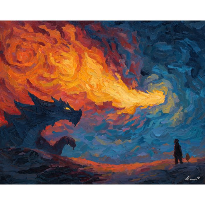 charizard, a Charizard-inspired fantasy scene featuring night fire breath, a fire and sky fantasy environment, night fire breath, orange flame and crimson with deep blue black shadow, fiery and dramatic, foreground subject, impasto texture, textured strokes, atmospheric depth, oil painting, palette knife texture, impasto oil, thick paint, bold brushwork, soft glow, color contrast, layered depth, foreground focus, background gradient