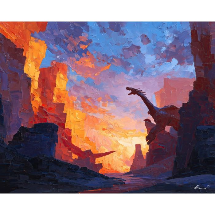 charizard, a Charizard-inspired fantasy scene featuring burning canyon, a fire and sky fantasy environment, burning canyon, orange flame and crimson with deep blue black shadow, fiery and dramatic, foreground subject, impasto texture, textured strokes, atmospheric depth, oil painting, palette knife texture, impasto oil, thick paint, bold brushwork, soft glow, color contrast, layered depth, foreground focus, background gradient