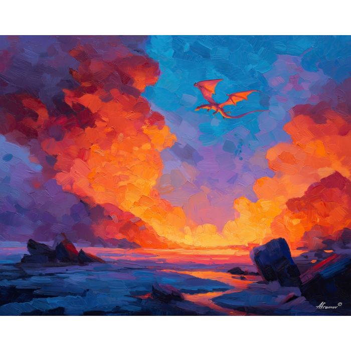 charizard, a Charizard-inspired fantasy scene featuring sunset smoke wings, a fire and sky fantasy environment, sunset smoke wings, orange flame and crimson with deep blue black shadow, fiery and dramatic, foreground subject, impasto texture, textured strokes, atmospheric depth, oil painting, palette knife texture, impasto oil, thick paint, bold brushwork, soft glow, color contrast, layered depth, foreground focus, background gradient