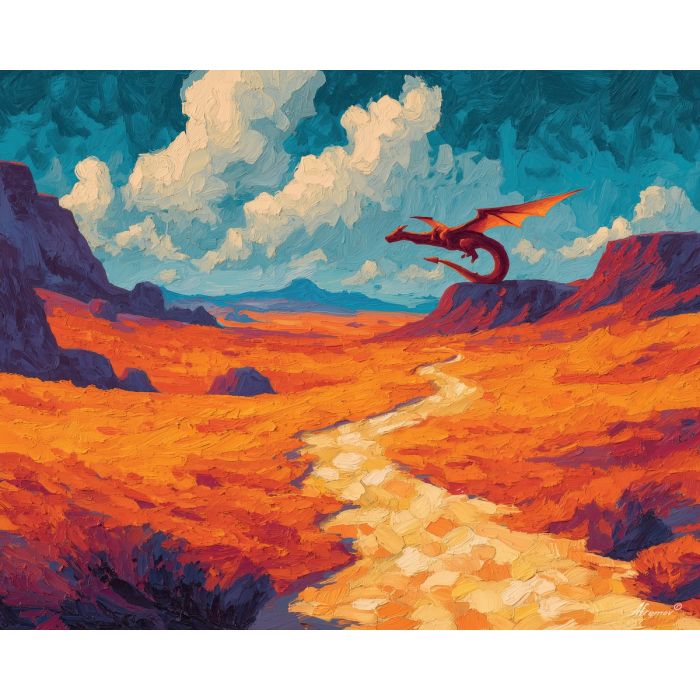 charizard, a Charizard-inspired fantasy scene featuring desert flame path, a fire and sky fantasy environment, desert flame path, orange flame and crimson with deep blue black shadow, fiery and dramatic, foreground subject, impasto texture, textured strokes, atmospheric depth, oil painting, palette knife texture, impasto oil, thick paint, bold brushwork, soft glow, color contrast, layered depth, foreground focus, background gradient