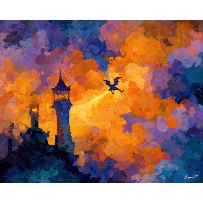 charizard, a Charizard-inspired fantasy scene featuring tower attack glow, a fire and sky fantasy environment, tower attack glow, orange flame and crimson with deep blue black shadow, fiery and dramatic, foreground subject, impasto texture, textured strokes, atmospheric depth, oil painting, palette knife texture, impasto oil, thick paint, bold brushwork, soft glow, color contrast, layered depth, foreground focus, background gradient