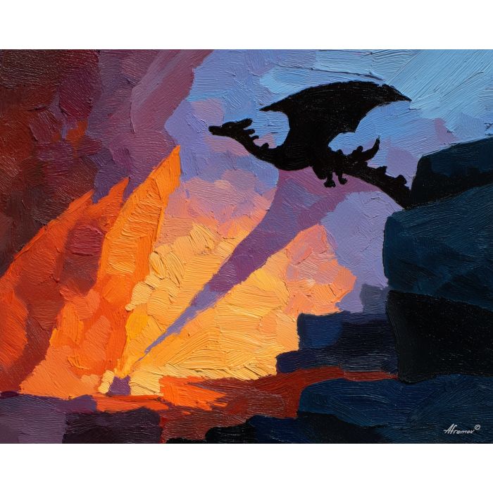 charizard, a Charizard-inspired fantasy scene featuring wing shadow over stone, a fire and sky fantasy environment, wing shadow over stone, orange flame and crimson with deep blue black shadow, fiery and dramatic, foreground subject, impasto texture, textured strokes, atmospheric depth, oil painting, palette knife texture, impasto oil, thick paint, bold brushwork, soft glow, color contrast, layered depth, foreground focus, background gradient