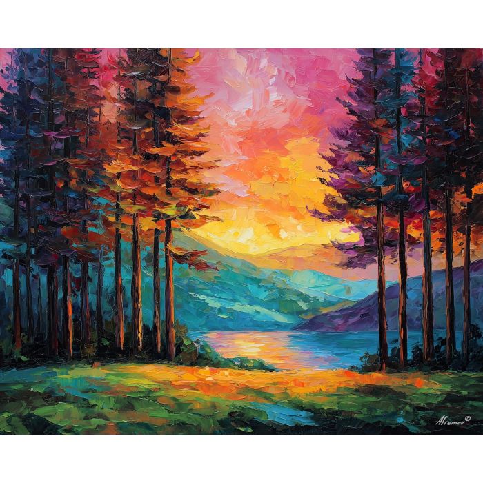 CEDAR VIEW, a daylight view through cedar trees toward warm hills and a sunlit valley vivid Leonid Afremov style mood bold palette k, landscape painting, nature wall art, scenic artwork, oil painting, canvas art, wall art, Afremov style, palette knife texture, colorful landscape, bright scenery, decorative artwork, textured painting, vivid landscape art, gallery wall art, luminous painting, sunlit landscape, daylight scenery, home decor art