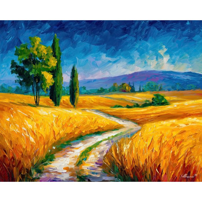 WHEAT ROAD, a warm wheat road beneath midday sky with bright gold fields and distant trees vivid Leonid Afremov style mood bold pale, landscape painting, nature wall art, scenic artwork, oil painting, canvas art, wall art, Afremov style, palette knife texture, colorful landscape, bright scenery, decorative artwork, textured painting, vivid landscape art, gallery wall art, luminous painting, sunlit landscape, daylight scenery, home decor art