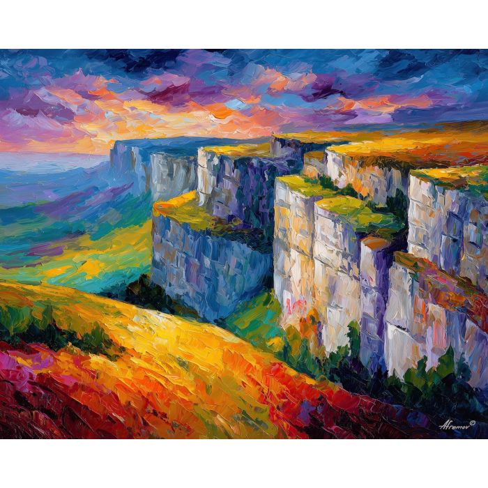 GLASS CLIFFS, a surreal daylight landscape with translucent cliffs overlooking bright fields and warm sky vivid Leonid Afremov style m, landscape painting, surreal landscape, surreal wall art, oil painting, canvas art, wall art, Afremov style, palette knife texture, daylight landscape, colorful scenery, decorative artwork, textured painting, fantasy landscape, gallery wall art, luminous painting, bright landscape art, dream scenery, home decor art