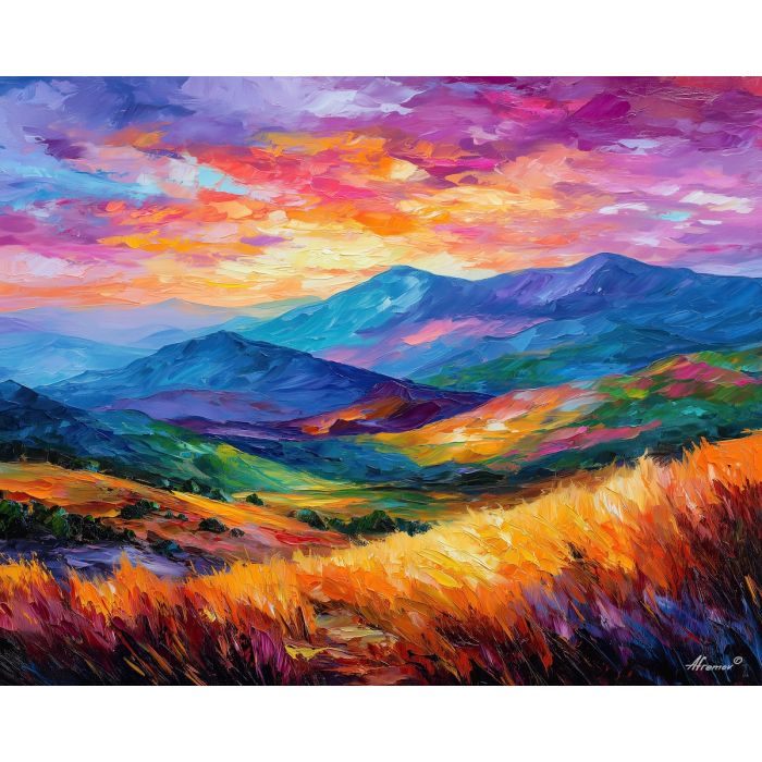 OPAL RIDGE, a surreal ridge with opal-toned stone warm grasses and impossible daylight reflections vivid Leonid Afremov style mood b, landscape painting, surreal landscape, surreal wall art, oil painting, canvas art, wall art, Afremov style, palette knife texture, daylight landscape, colorful scenery, decorative artwork, textured painting, fantasy landscape, gallery wall art, luminous painting, bright landscape art, dream scenery, home decor art