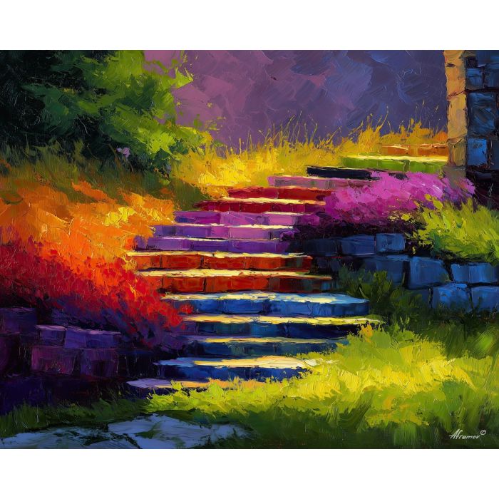 SHADOW STAIRS, a bright landscape where colorful shadows form stairways across grass and stone vivid Leonid Afremov style mood bold pal, landscape painting, surreal landscape, surreal wall art, oil painting, canvas art, wall art, Afremov style, palette knife texture, daylight landscape, colorful scenery, decorative artwork, textured painting, fantasy landscape, gallery wall art, luminous painting, bright landscape art, dream scenery, home decor art