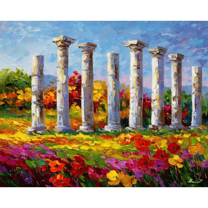 SUN COLUMNS, a daylight plain with giant sunlit columns rising from flowers and soft grass vivid Leonid Afremov style mood bold palet, landscape painting, surreal landscape, surreal wall art, oil painting, canvas art, wall art, Afremov style, palette knife texture, daylight landscape, colorful scenery, decorative artwork, textured painting, fantasy landscape, gallery wall art, luminous painting, bright landscape art, dream scenery, home decor art