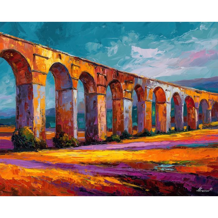 SAFFRON ARCHES, a surreal line of saffron stone arches crossing a bright field under strong daylight vivid Leonid Afremov style mood bol, landscape painting, surreal landscape, surreal wall art, oil painting, canvas art, wall art, Afremov style, palette knife texture, daylight landscape, colorful scenery, decorative artwork, textured painting, fantasy landscape, gallery wall art, luminous painting, bright landscape art, dream scenery, home decor art