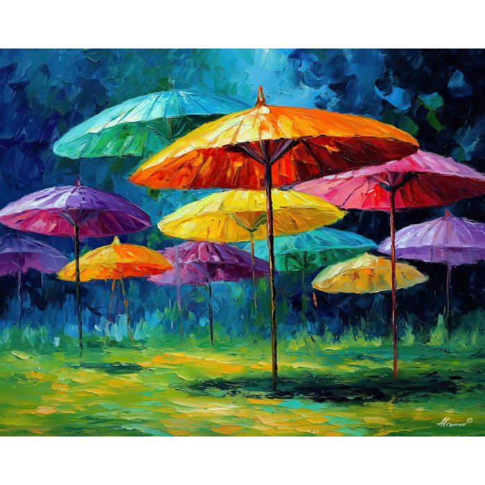 PARASOL PLAIN, a surreal sunlit plain dotted with giant parasols casting bright colorful shade over grass vivid Leonid Afremov style mo, landscape painting, surreal landscape, surreal wall art, oil painting, canvas art, wall art, Afremov style, palette knife texture, daylight landscape, colorful scenery, decorative artwork, textured painting, fantasy landscape, gallery wall art, luminous painting, bright landscape art, dream scenery, home decor art