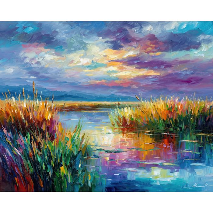 CRYSTAL MARSH, a surreal daylight marsh with crystal reeds reflective pools and bright sky stretching over vivid grass vivid Leonid Afr, landscape painting, surreal landscape, surreal wall art, oil painting, canvas art, wall art, Afremov style, palette knife texture, daylight landscape, colorful scenery, decorative artwork, textured painting, fantasy landscape, gallery wall art, luminous painting, bright landscape art, dream scenery, home decor art