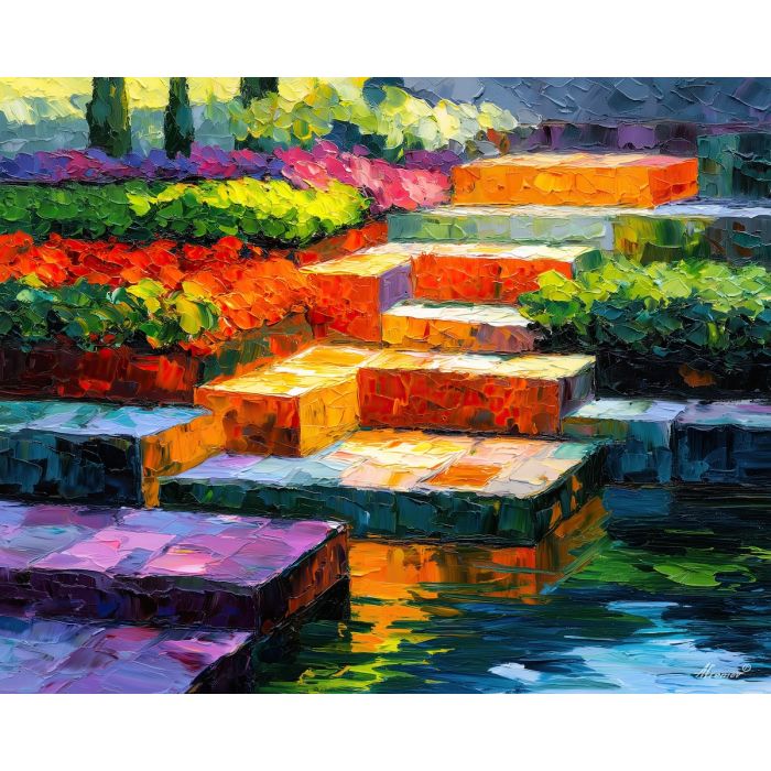MOSAIC TERRACES, daylight terraces made of mosaic color blocks with reflective water and bright crops vivid Leonid Afremov style mood bol, landscape painting, surreal landscape, surreal wall art, oil painting, canvas art, wall art, Afremov style, palette knife texture, daylight landscape, colorful scenery, decorative artwork, textured painting, fantasy landscape, gallery wall art, luminous painting, bright landscape art, dream scenery, home decor art