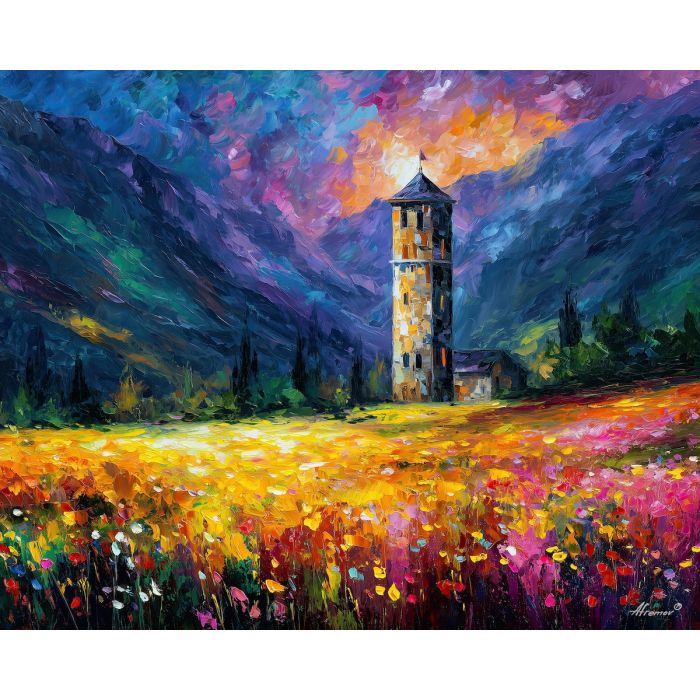 TOWER MEADOW, a bright meadow with impossible stone towers rising from flowers and short grass vivid Leonid Afremov style mood bold pa, landscape painting, surreal landscape, surreal wall art, oil painting, canvas art, wall art, Afremov style, palette knife texture, daylight landscape, colorful scenery, decorative artwork, textured painting, fantasy landscape, gallery wall art, luminous painting, bright landscape art, dream scenery, home decor art