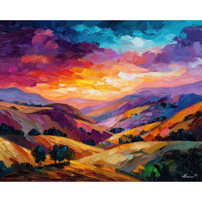 PAPER VALLEY, a surreal daylight valley formed from folded paper hills with warm color and crisp sky beyond vivid Leonid Afremov style, landscape painting, surreal landscape, surreal wall art, oil painting, canvas art, wall art, Afremov style, palette knife texture, daylight landscape, colorful scenery, decorative artwork, textured painting, fantasy landscape, gallery wall art, luminous painting, bright landscape art, dream scenery, home decor art