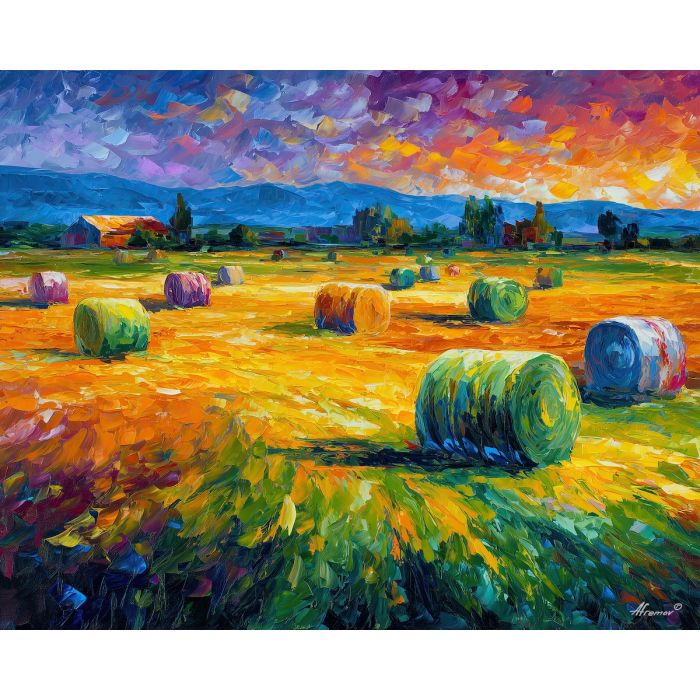 WHEEL FIELDS, a daylight landscape of giant wheel-like forms embedded in grassy fields with warm reflections vivid Leonid Afremov styl, landscape painting, surreal landscape, surreal wall art, oil painting, canvas art, wall art, Afremov style, palette knife texture, daylight landscape, colorful scenery, decorative artwork, textured painting, fantasy landscape, gallery wall art, luminous painting, bright landscape art, dream scenery, home decor art
