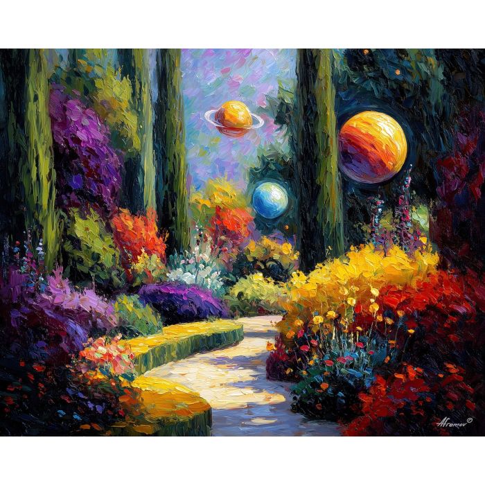 PLANET GARDEN, a surreal daylight garden with small bright planets resting among flowers and hedges vivid Leonid Afremov style mood bol, landscape painting, surreal landscape, surreal wall art, oil painting, canvas art, wall art, Afremov style, palette knife texture, daylight landscape, colorful scenery, decorative artwork, textured painting, fantasy landscape, gallery wall art, luminous painting, bright landscape art, dream scenery, home decor art