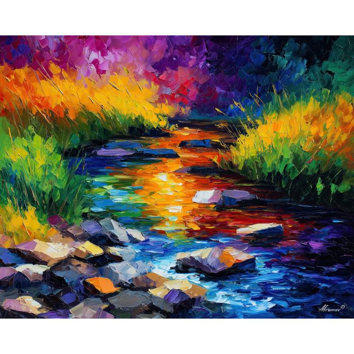 FLOATING BROOK, a small brook winding beneath floating stones and bright grass under clear daylight vivid Leonid Afremov style mood bold, landscape painting, surreal landscape, surreal wall art, oil painting, canvas art, wall art, Afremov style, palette knife texture, daylight landscape, colorful scenery, decorative artwork, textured painting, fantasy landscape, gallery wall art, luminous painting, bright landscape art, dream scenery, home decor art