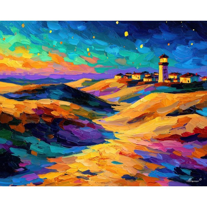 LANTERN DUNES, a daylight desert of glowing lantern dunes under a clear blue sky with warm shadows and bright sand vivid Leonid Afremov, landscape painting, surreal landscape, surreal wall art, oil painting, canvas art, wall art, Afremov style, palette knife texture, daylight landscape, colorful scenery, decorative artwork, textured painting, fantasy landscape, gallery wall art, luminous painting, bright landscape art, dream scenery, home decor art