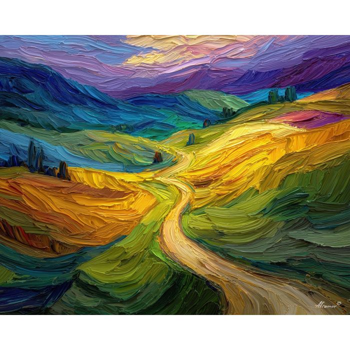 RIBBON HILLS, a surreal chain of ribbon-like hills twisting through bright daylight with rich green and gold color vivid Leonid Afremo, landscape painting, surreal landscape, surreal wall art, oil painting, canvas art, wall art, Afremov style, palette knife texture, daylight landscape, colorful scenery, decorative artwork, textured painting, fantasy landscape, gallery wall art, luminous painting, bright landscape art, dream scenery, home decor art