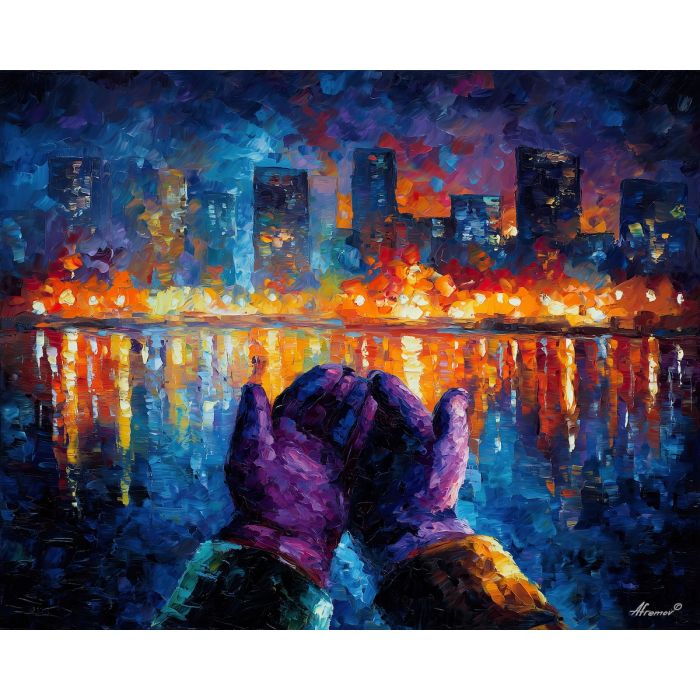 SAPPHIRE MARQUEE GLOVES, a pair of gloves beneath a sapphire marquee in the foreground with theatrical city lights stretching into impossible dis, cityscape painting, surreal cityscape, urban wall art, oil painting, canvas art, wall art, Afremov style, palette knife texture, surreal city art, night city painting, decorative artwork, textured painting, fantasy cityscape, gallery wall art, luminous painting, urban surreal art, wet street art, home decor art